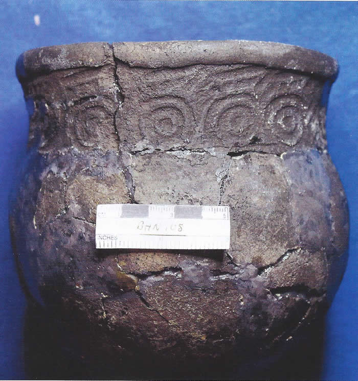 A reconstructed pot recovered from a Swift Creek burial mound.
