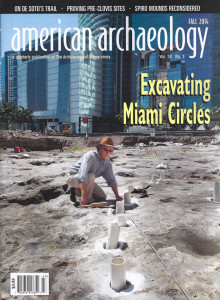 Archaeologist Robert Carr sets PVC pipes into postholes at the Miami Midden 1 site. Carr and his colleagues use the pipes, which they ring with baseball chalk, to emphasize the cite's circular and linear features for photographic documentation.