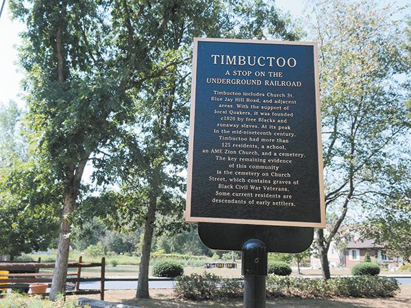 A sign for the Timbuctoo site, pictured Sept. 9, 2010, can be found at the intersection of Church and Rancocas roads. (Sarah J. Glover / Pillidelphia News Photographer)