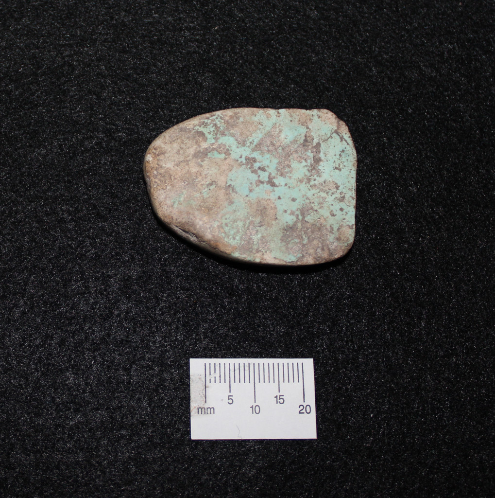 Basketmaker III shaped Turquoise artifact found on site. Painted pottery found at the Dillard Site. Courtesy Crow Canyon Archaeological Center.