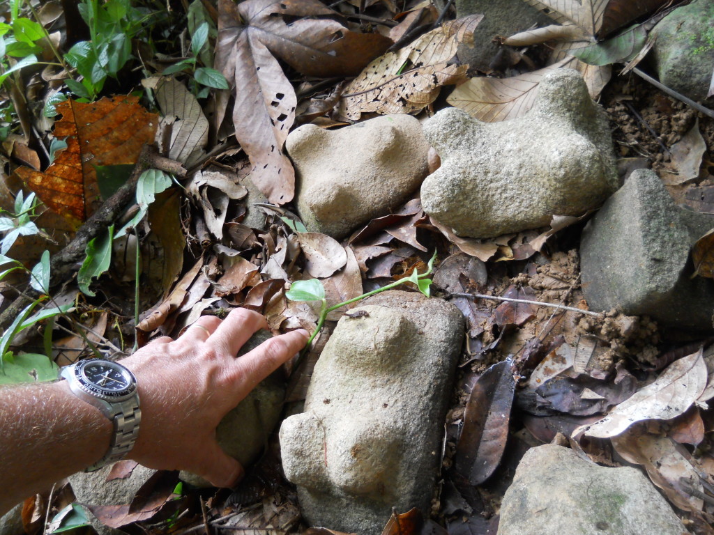 Hundreds of miniature metates cover the ground. Sites littered with small stone sculptures have been reported from all over eastern Honduras. Photo Courtesy Chris Begley. Photo Courtesy Chris Begley.