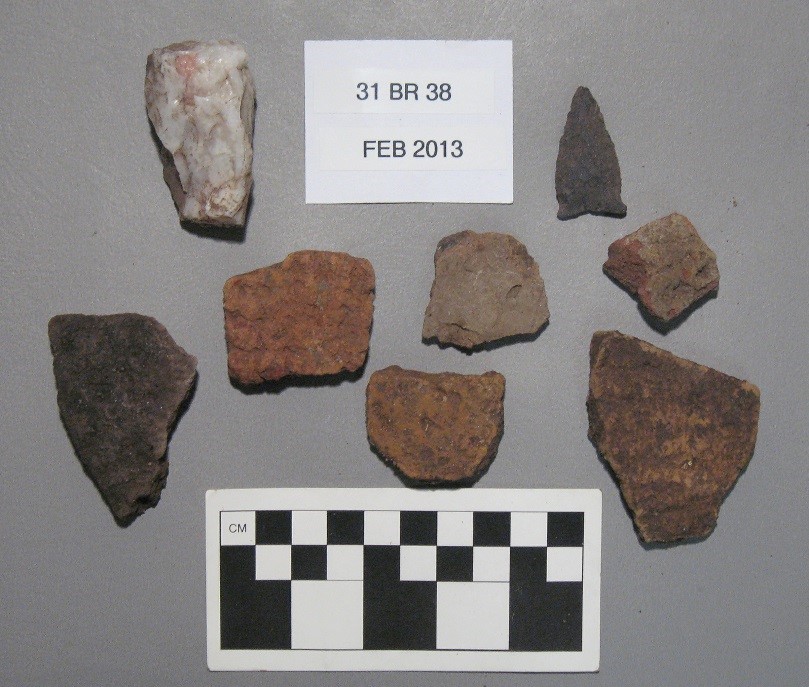  Quartz, ceramics, and a projectile point recovered from the Scotch Hall Preserve.