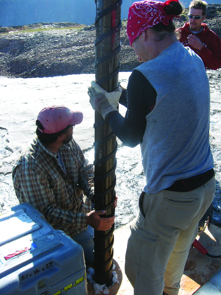 Craig Lee (left) and his colleagues Jay Kyne and Ben Woods start to drill an ice core. This is the only invasive technique the researchers employ. Photo INSTAAR/ Jennie Borresen Lee.