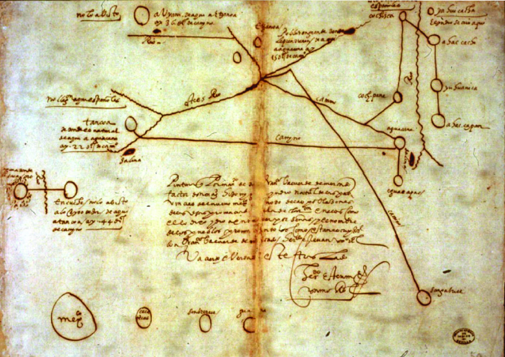 This map was drawn in 1602 by a Wichita Indian who was captured by the Spanish. The circular figures represent native settlements. Etzanoa is depicted by two circles with a diagonal line between them at the top center of the map.Image Credit: General Archives of Maps and Plans, Mexico City