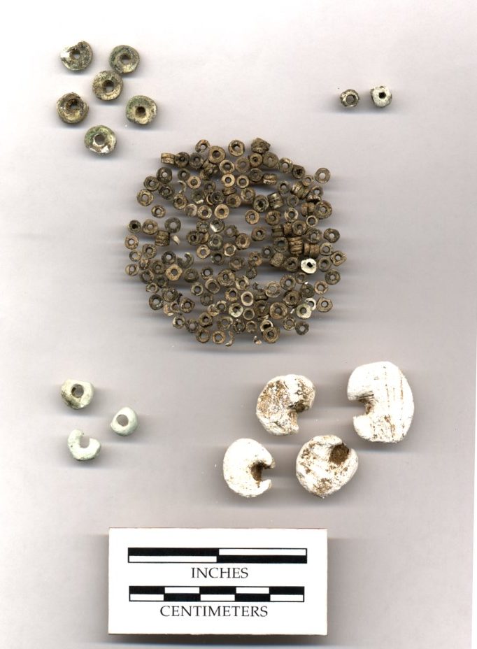 A Cashie Ceramic vessel and shell beads from the Contentnea Creek site.