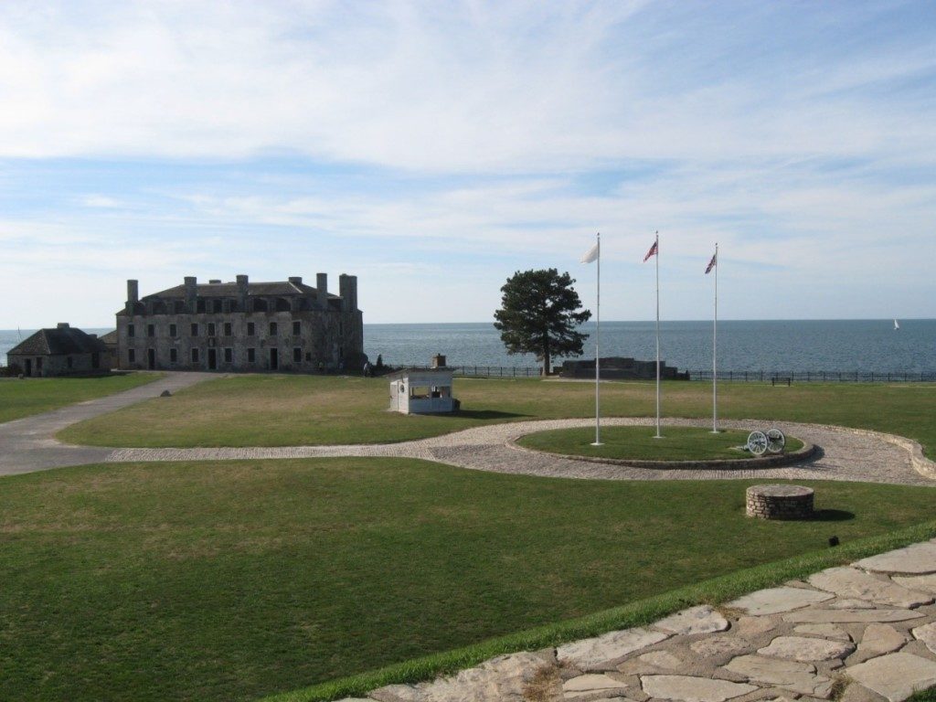The view at Old Fort Niagara overlooking Lake Ontario. The large stone building was a French fortification known as the French Castle.