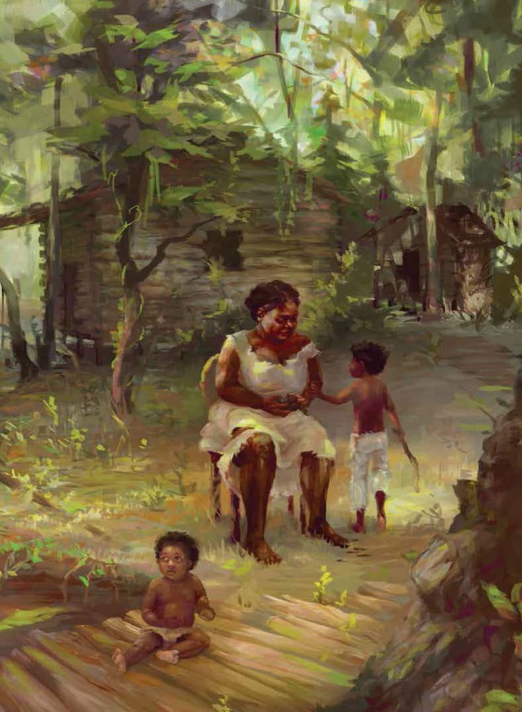 By around 1680, African American Maroons established communities on islands in the swamp. The woman pictured here is fashioning a tool while keeping an eye on her children. Credit: Carolyn Arcabascio
