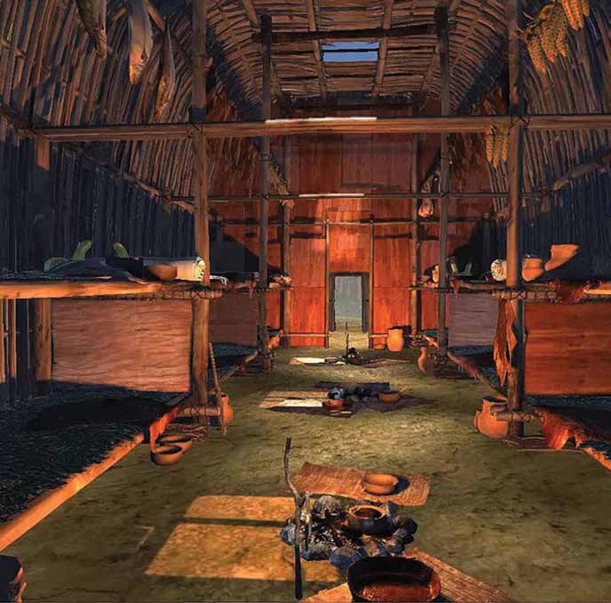 A person wearing a virtual-reality headset can view this 3-D, sixteenth-century Iroquois longhouse created by SA Western. Credit: Michael Carter.