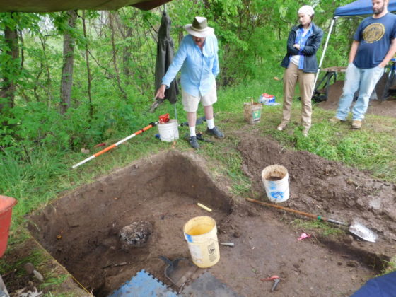 Jeff Mitchem pointing out the presumed cross base to Arkansas Archeological Survey Research Assistants Katie Leslie and Robert Scott, April, 2016. Photo courtesy Jessica Fleming Crawford.