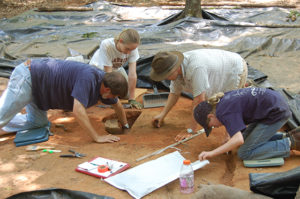 Steve Davis and UNC archaeological field school students are excavating a small storage pit at Nassaw Town. This important mid-eighteenth-century Catawba town was excavated in 2007 and 2008. Credit Mary Beth Fitts.