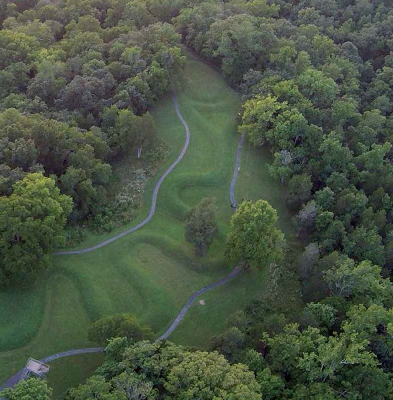 An aerial photograph of Serpent Mound taken from a drone. The mound is a National Historic Landmark. Credit: Jarrod Burks.