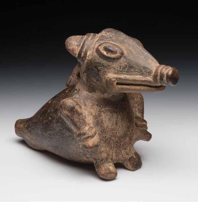 This four-hole ocarina, which came from northwest Costa Rica, is shaped like a mythical animal. (c) President and Fellows of Harvard College, Peabody Museum of Archaeology and Ethnology. PM# 976-59-20/24969.