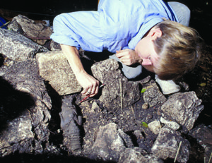 Daniela Triadan excavates a large figurine whistle of a Maya ruler dating to about A.D. 810 at Aguateca, a Maya site in Guatemala. Credit: Takeshi Inomata, courtesy of Aguateca Archaeological Project.