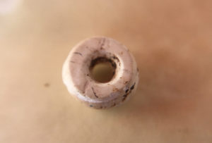 A shell bead recovered from a bead workshop area located near the mound. Nearly fifty beads have been recovered from this site. Credit: Maureen Meyers.