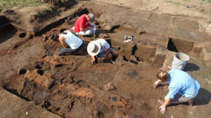 Field school students excavate the burned wall of a collapsed fourteenth-century structure at Carter Robinson. Credit: Charlotte Smith.
