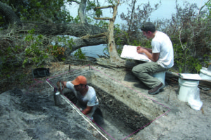 Test excavations at Little Bradford Island in June 2009 revealed not only the remains of a vastly diminished Early Woodland midden, but also a thick layer of sand deposited by an unnamed storm in March 1993. Credit: Laboratory of Southeastern Archaeology, University of Florida
