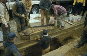 Other historic cemeteries have been uncovered accidentally in Philadelphia. In October 2001, as workers with the Philadelphia Water Department were installing new water pipes, they exposed a number of coffins from a burial ground used by Old St. Joseph’s Catholic Church, and known colloquially as the Bishop’s Ground.” A coalition of individuals from both public and private organizations and institutions were eventually able to petition the Orphans’ Court for permission to exhume and reinter the burial remains. Credit: Image provided by the Philadelphia Archaeological Forum