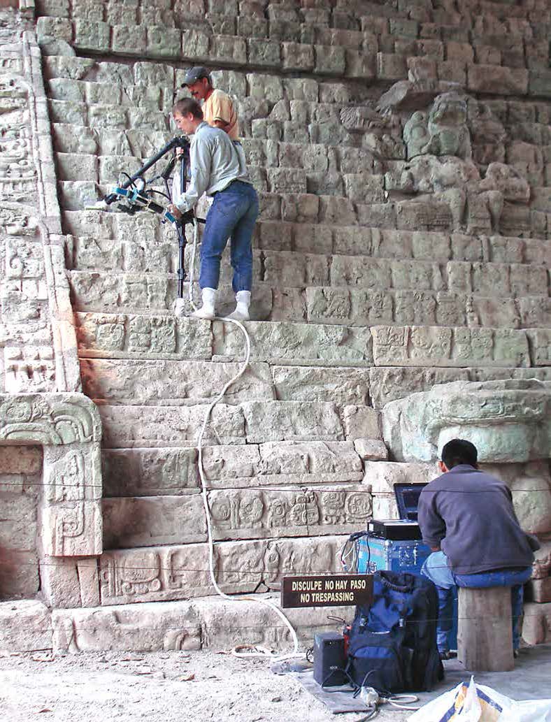 COVER: Researchers carefully position a 3-D scanner on the fragile steps of Copán’s Hieroglyphic Stairway. The scans are used to reproduce the stairway. Credit: Barbara Fash