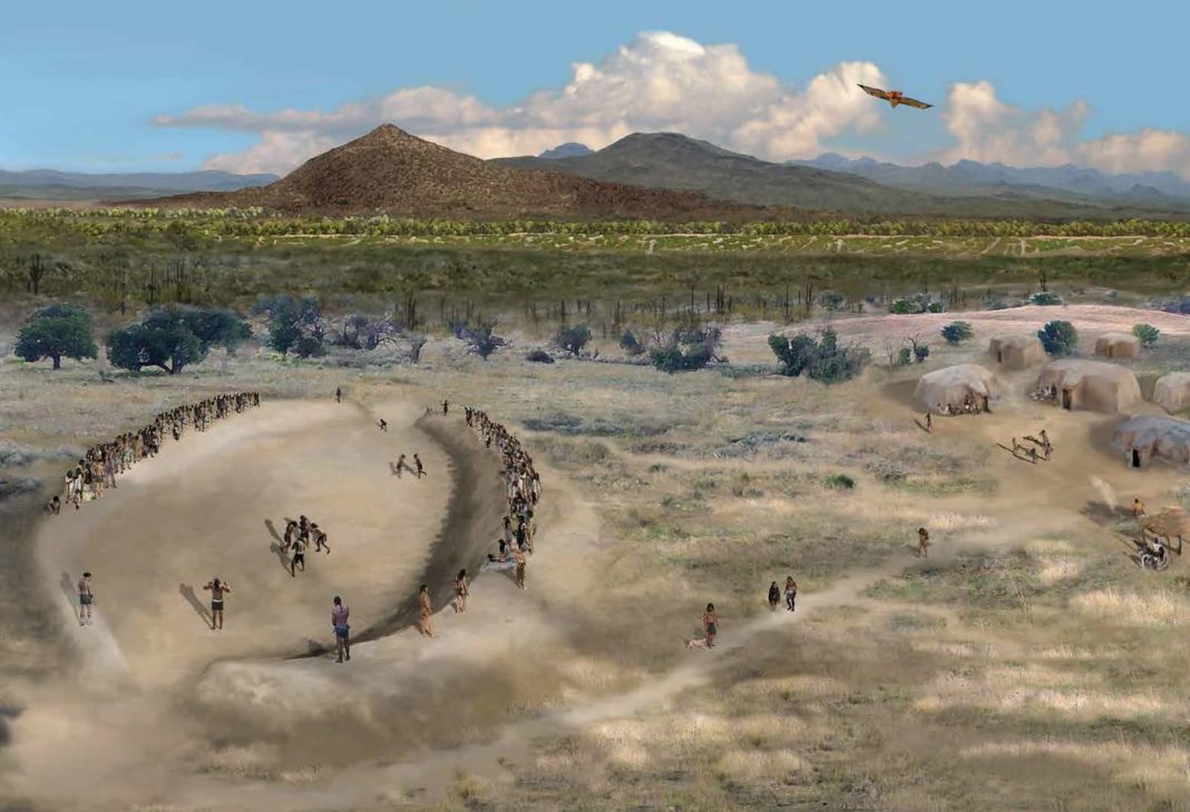 An artist’s depiction of the Hohokam gathered at one of their ballcourts. Credit: Artwork by Rob Ciaccio, Courtesy Archaeology Southwest.