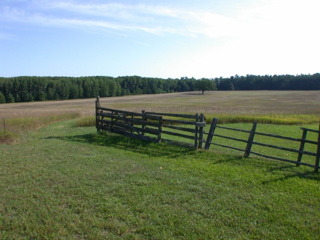 View of the Samels Farm Archaeological Preserve. The Early Archaic period Samels Field site is in the plowed field directly behind the end of the fence. The Late Woodland period Skekemog Point site is in the forest to the right in the background.Credit: The Archaeological Conservancy