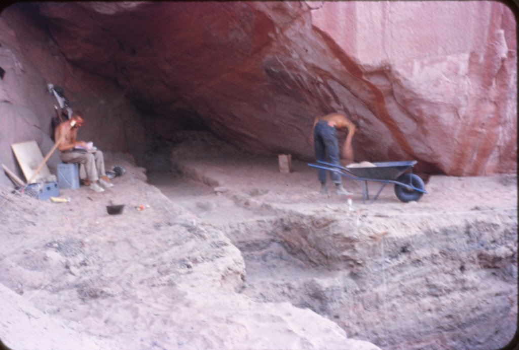 Excavations in progress, Benchmark Cave, 1958. Don Fowler taking notes, on left. Photo Courtesy the Museum of Natural History of Utah.