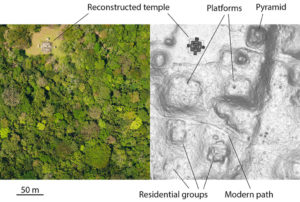 An aerial photo and a LiDAR image of the central part of Ceibal are seen side by side. Credit: Courtesy of Takeshi Inomata at the University of Arizona.