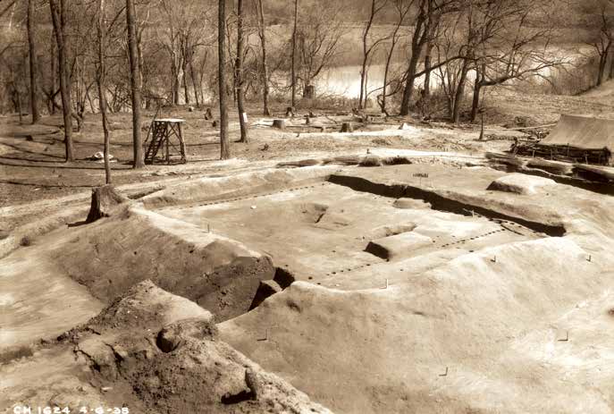 This picture shows a platform mound that was uncovered by excavators with the Works Progress Administration in the late 1930s. That project uncovered evidence of a single palisade surrounding a Mississippian village. Recent investigations have revealed evidence of several more palisades, suggesting that the villagers could have felt threatened. Photo BY CHARLES H. NASH, 1938. WPA/TVA ARCHIVES, PRESENTED COURTESY OF MCCLUNG MUSEUM OF NATURAL HISTORY AND CULTURE, THE UNIVERSITY OF TENNESSEE, KNOXVILLE. 120MG31/FHM01233.
