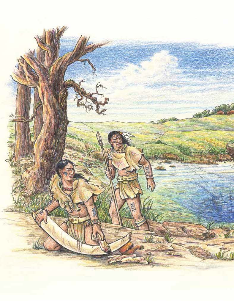 An artist’s depiction of Paleo-Indians at Wakulla Springs. The man on the left is working a mastodon tusk. Credit: Barbara Taillefer.