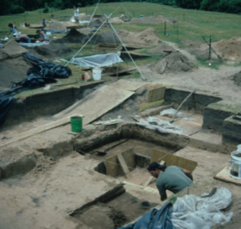 photo showing archaeological dig site with one person actively digging in an exposed unit.