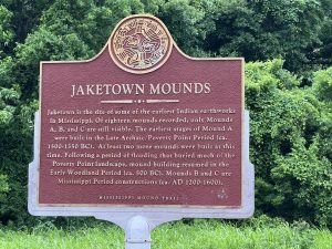 photo showing official signage for Jaketown Mounds with text that describes the site