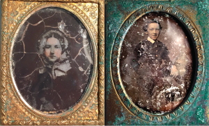 photo of two old photos. The one on the left is of a woman wearig a bonnet and cloak and is in a gold oval fram, the one on the right isof a man wearing a dark suit in an oval frame that looks tarnished with turquoise patina.