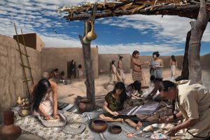 illustration showing a community group of indigenous peoples carrying on daily life under a shade structure that is inside of a walled enclosure. Activities such as grinding corn, weaving, talking with one another, and making jewelry are depicted in the illustration. 